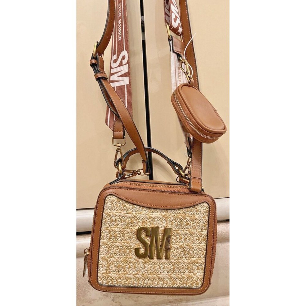 NWT STEVE MADDEN COGNAC BELIZZA WOVEN CROSSBODY HAND BAG AIRPODS TIKTOK VIRAL - Picture 2 of 8